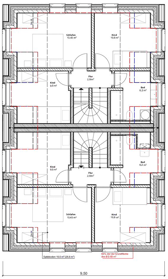 Grundriss Obergeschoss Doppelhaushälften